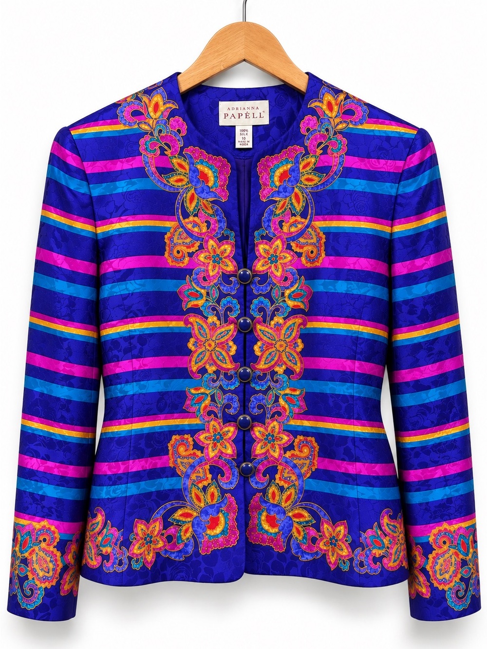 Vintage Adrianna Papell 100% Silk Blazer Purple Blue Floral Paisley Sz 10
